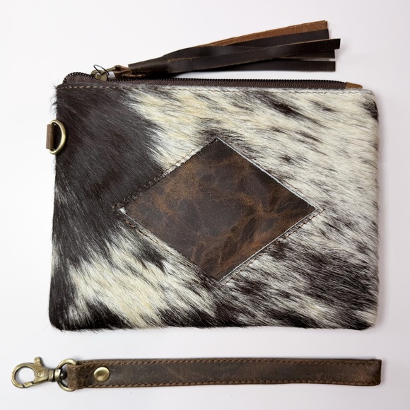 Handbags - Cowhide Leather Wristlet Clutch - Black & White with Brown Accent